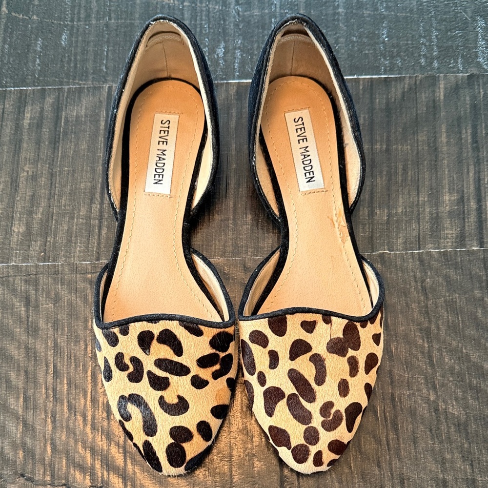 Steve Madden Black and Tan Leopard Calf Hair Flats